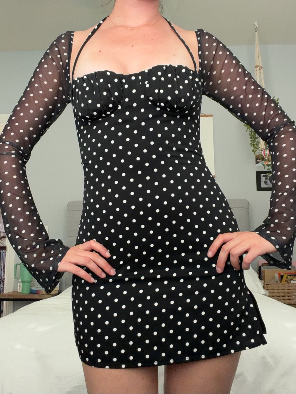 Princess Polly black polka dot long sleeve dress